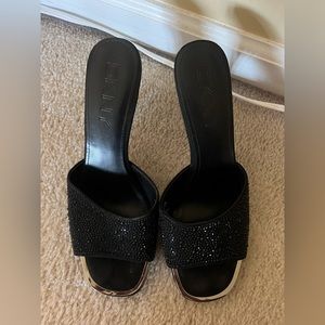DKNY black rhinestone slip on kitten hells with silver detail